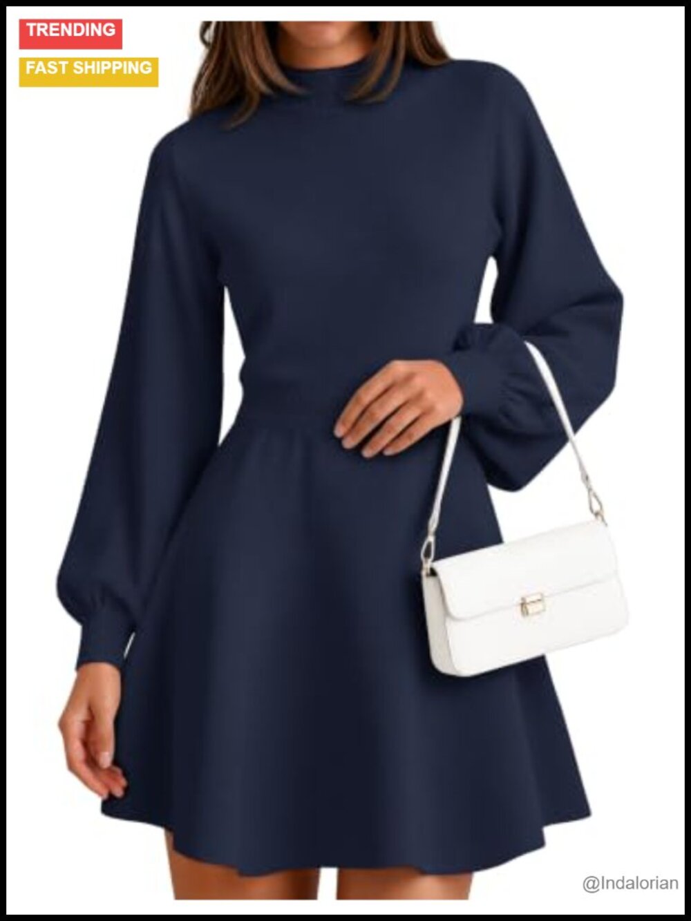 Mock Neck Lantern Sleeve Sweater Dress Mini A-Line Knit